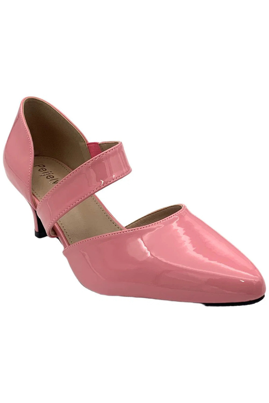 Peijely Women's Closed Pointed Toe Kitten Heel Patent Pink - Medium